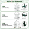 Portable walk-in greenhouse installation steps showing metal frame, shelves, and PE tarp attachment for easy setup.