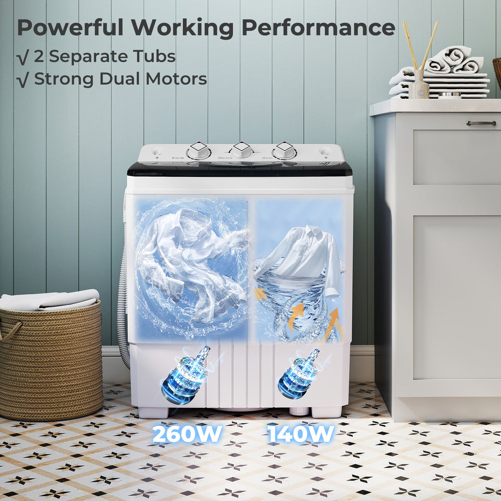 Portable washing machine with dual motors, 12 lbs wash capacity, and built-in drain pump for convenient laundry.