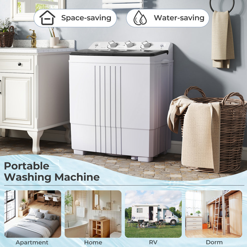 Portable washing machine in black with dual motors, 12 lbs capacity, ideal for apartments, dorms, and RVs.
