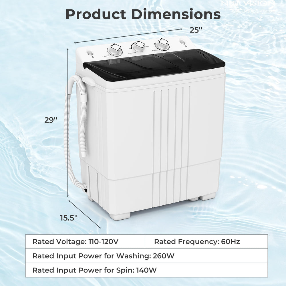 Portable washing machine with built-in drain pump, 12 lbs capacity, 260W power, designed for home and RV use.