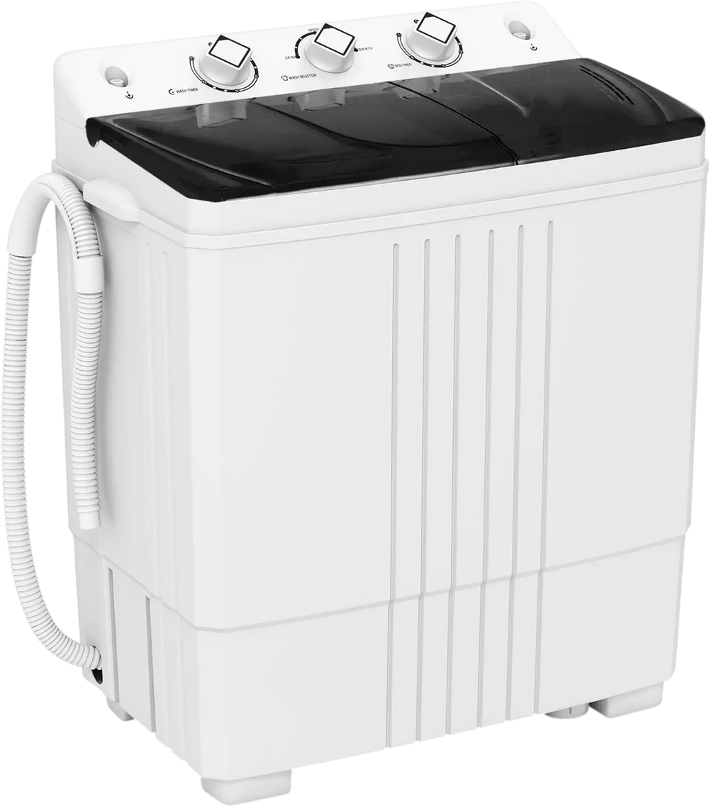 Portable washing machine with built-in drain pump, 12 lbs capacity, and dual motors for efficient cleaning in white.