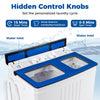 Portable washing machine with hidden control knobs, blue color, featuring adjustable wash and spin timers for.