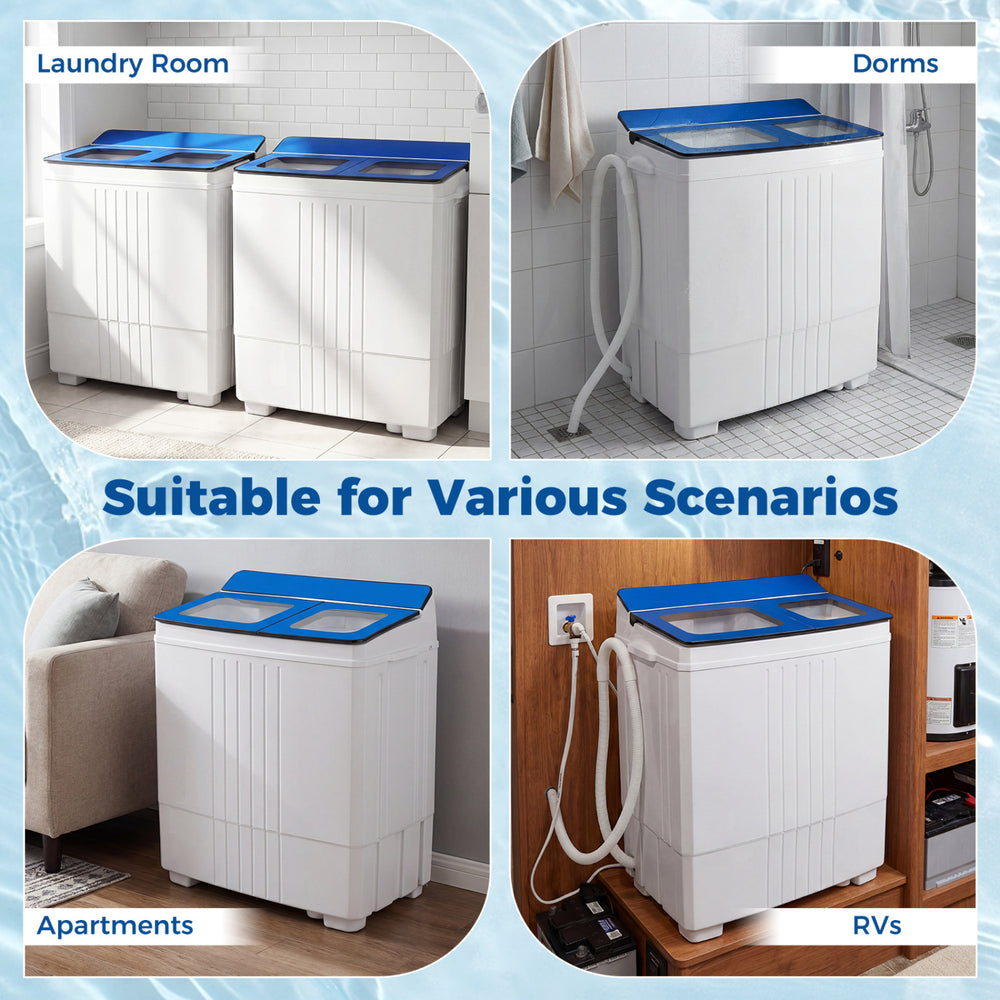 Portable washing machine with twin tub design, 12 lbs washer, and 8 lbs spinner, ideal for apartments and RVs.