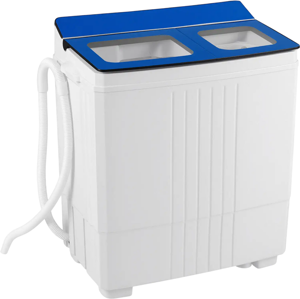 Portable washing machine with twin tubs, blue lid, and hidden controls for customizable laundry cycles and easy.
