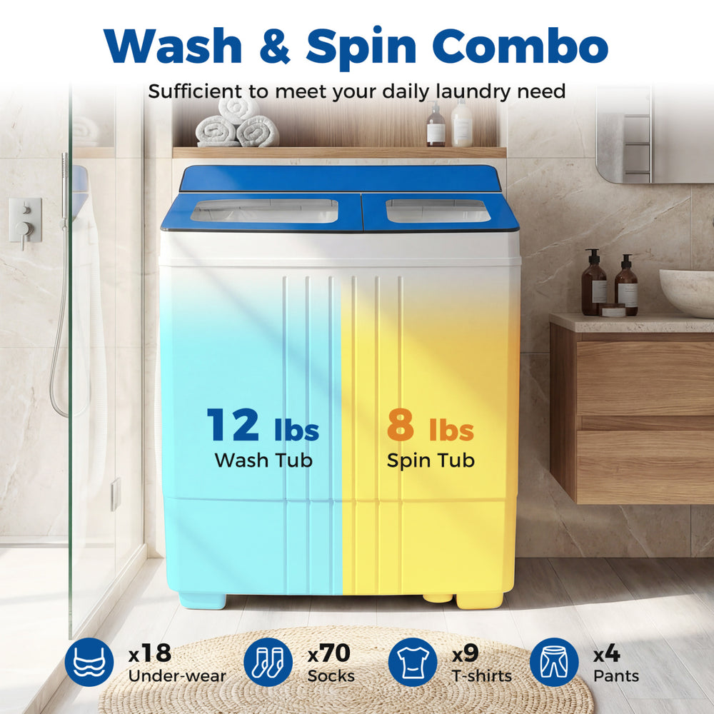 Portable washing machine with 11 lbs washer and 8 lbs spin tub, ideal for daily laundry needs at home or on-the-go.
