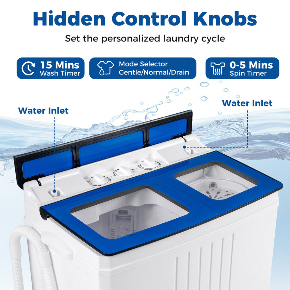 Portable washing machine control panel with hidden knobs, adjustable wash timer, and see-through lid for easy.