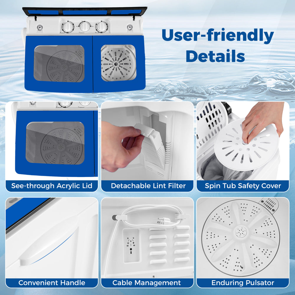Portable washing machine features a see-through acrylic lid, detachable lint filter, and convenient handles for easy.