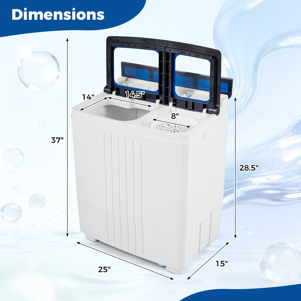 Portable washing machine with twin tub design, 18 lbs capacity, dimensions 25"x15"x37", ideal for home or travel use.