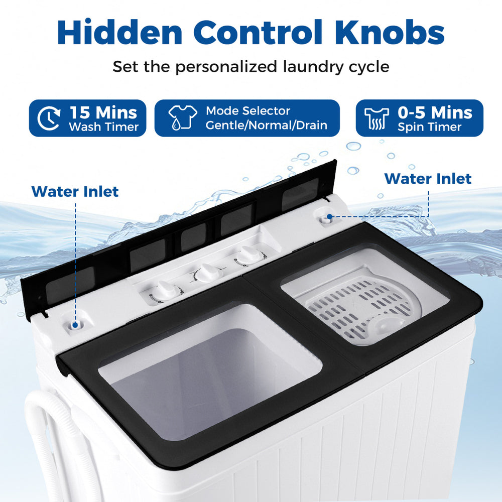 Top view of the portable washing machine with hidden control knobs, featuring a 18 LBS washer and 8 LBS spinner combo.
