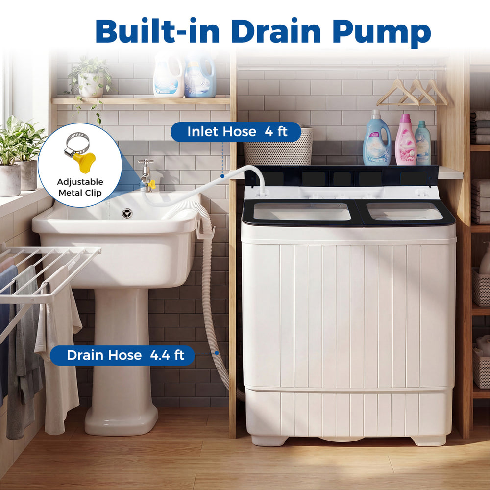 Portable washing machine with built-in drain pump, adjustable inlet hose, and clear view lid for easy laundry.