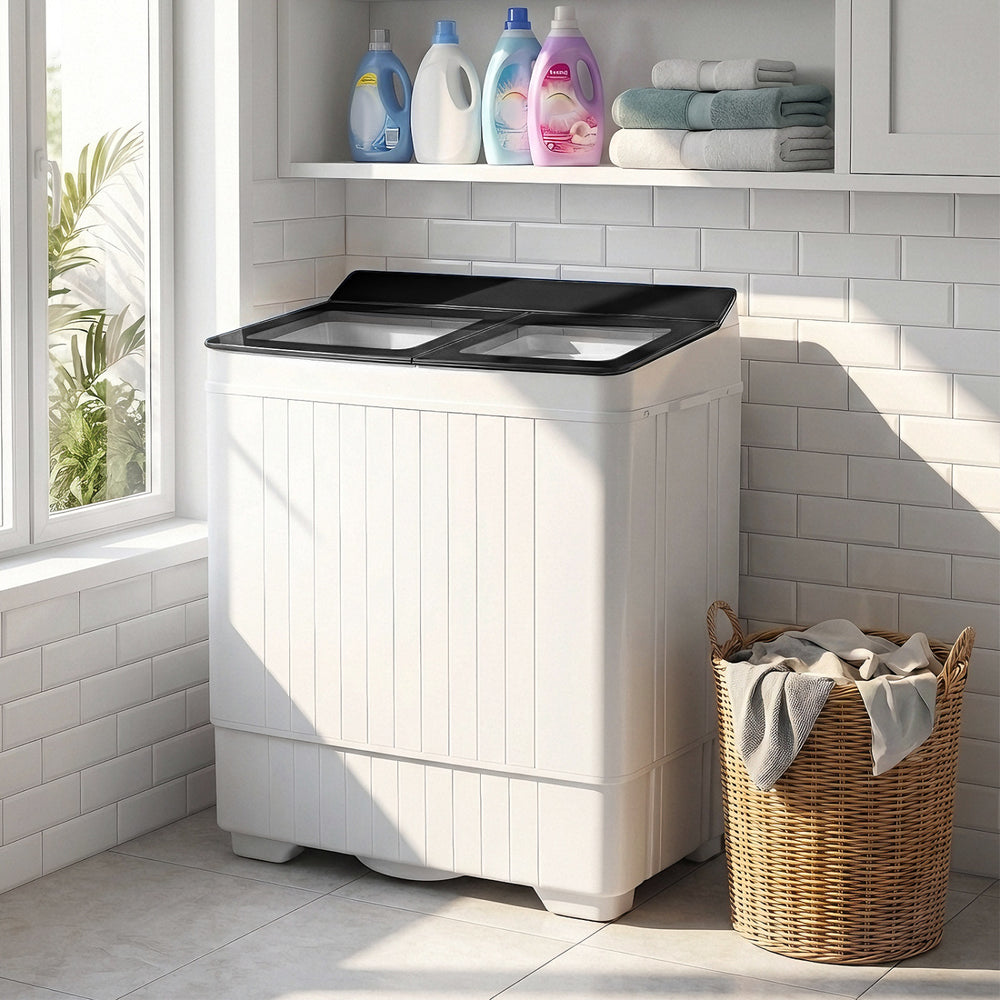 Portable washing machine with twin tub design, 18 lbs washer, and 8 lbs spinner, ideal for daily laundry needs.