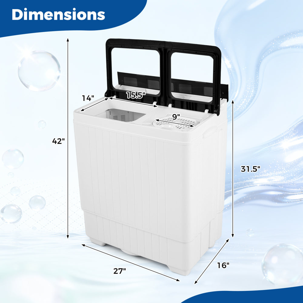 Portable washing machine with dimensions 27" x 16" x 42", featuring twin tub design and see-through lid for easy.