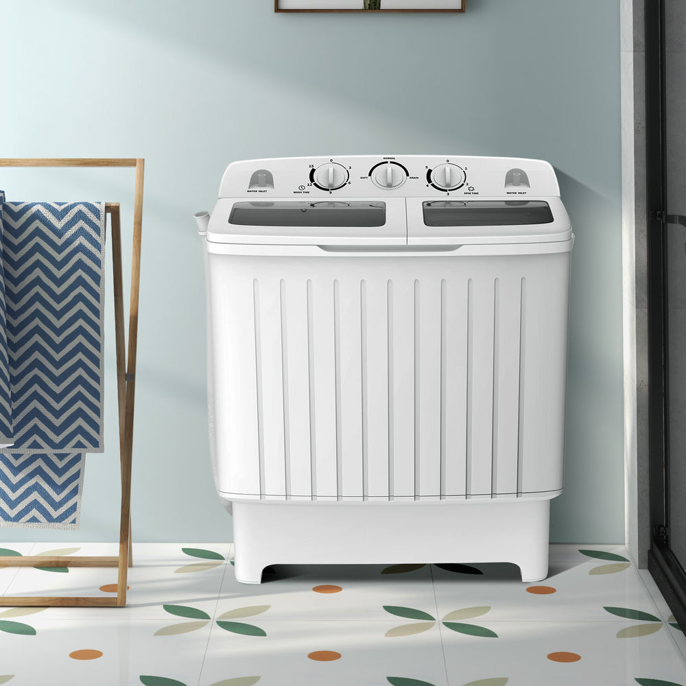 Portable 20 lbs washing machine in gray with twin tub design, 3 control knobs, and compact size for small spaces.