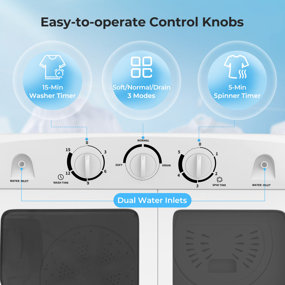 Control knobs of the 20 lbs Portable Washing Machine with dual water inlets, featuring wash and spin timers for.