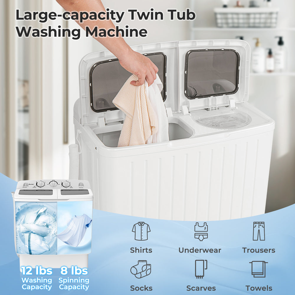 Twin tub portable washing machine with 12 lbs washing capacity and transparent lid for easy laundry monitoring.