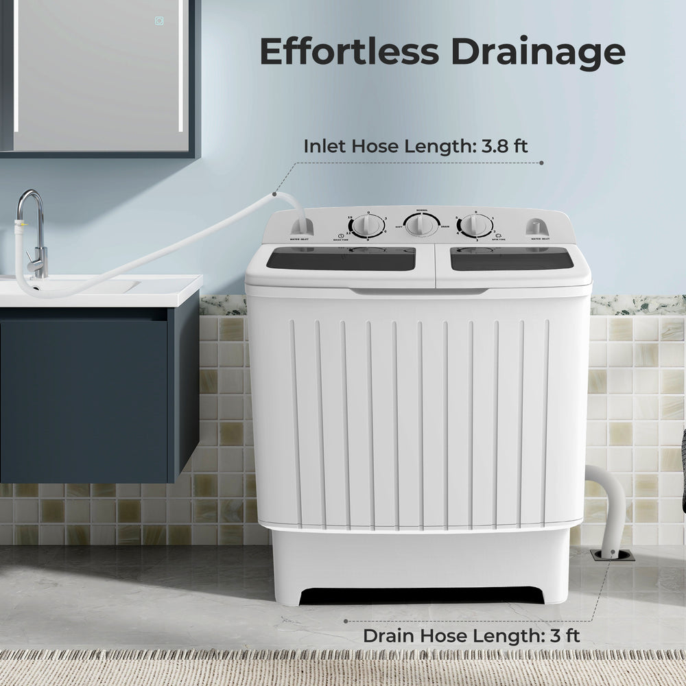Portable washing machine with twin tub design, 12 lbs capacity, and 3 ft drain hose for effortless drainage in compact.