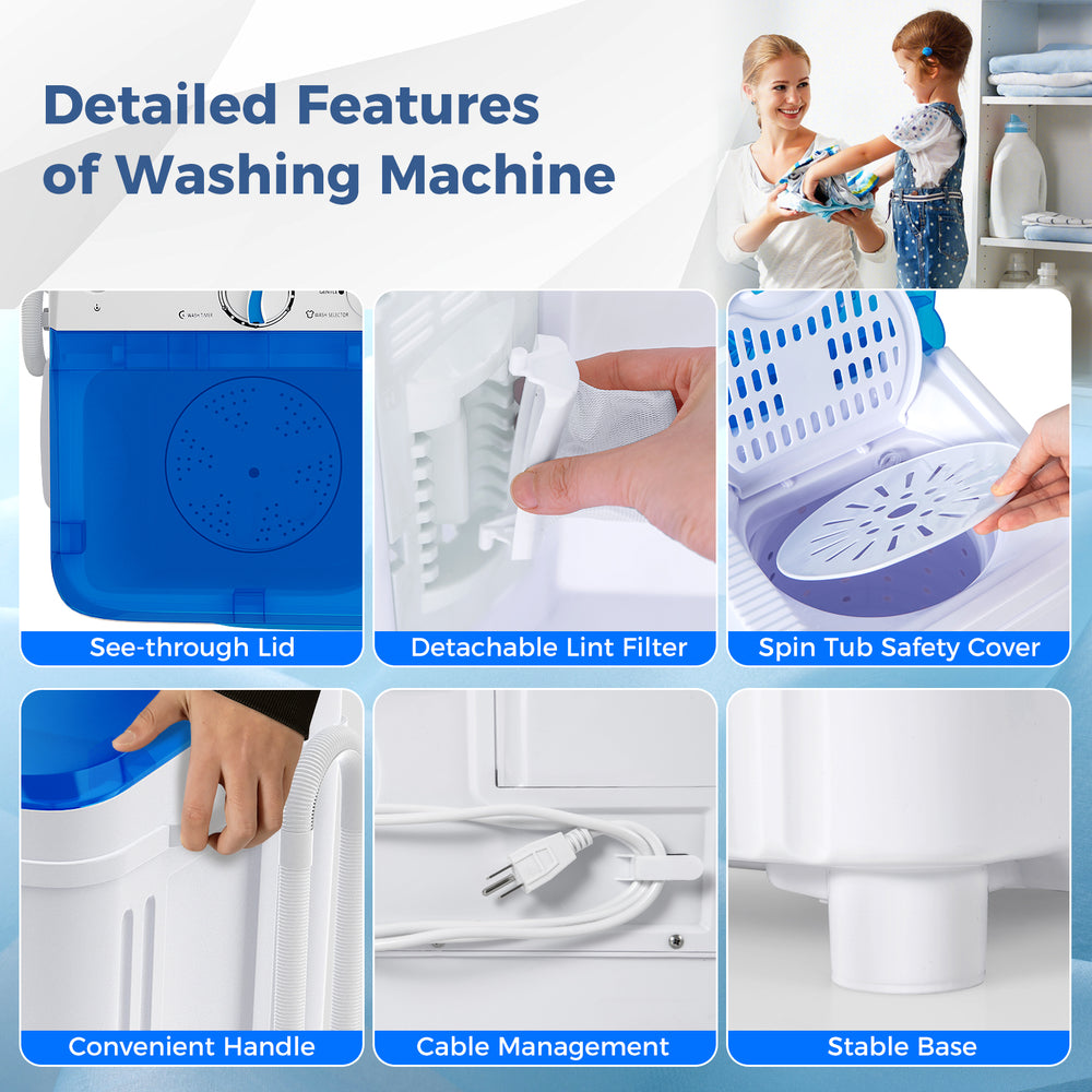 Portable washing machine features including detachable lint filter, see-through lid, and convenient handle for easy use.