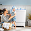 Portable washing machine with drain pump, 17.6 lbs capacity, shown in a laundry room with a mother and child.