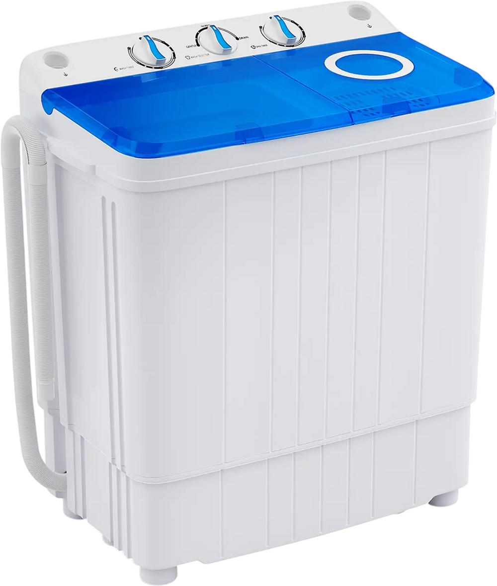 Portable washing machine in blue with dual tubs, drain pump, and easy operation knobs for efficient laundry use.