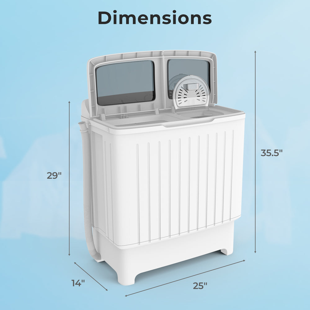Portable washing machine dimensions showing 20 lbs capacity, twin tub design, and built-in gravity drain for efficient.
