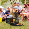 Portable wood burning stove with pot rack, ideal for cooking steak and kebabs outdoors, featuring foldable side grills.