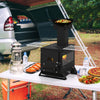 Portable wood burning stove with pot rack, featuring side grills and heat-resistant glass, perfect for outdoor cooking.