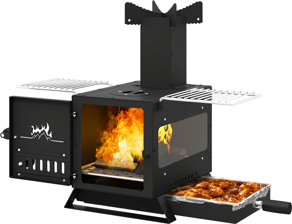 Portable wood burning stove with oven pan and side grills, made of robust SPCC, ideal for outdoor cooking.