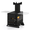 Portable wood burning stove with pot rack, featuring foldable side grills and heat-resistant glass for outdoor cooking.