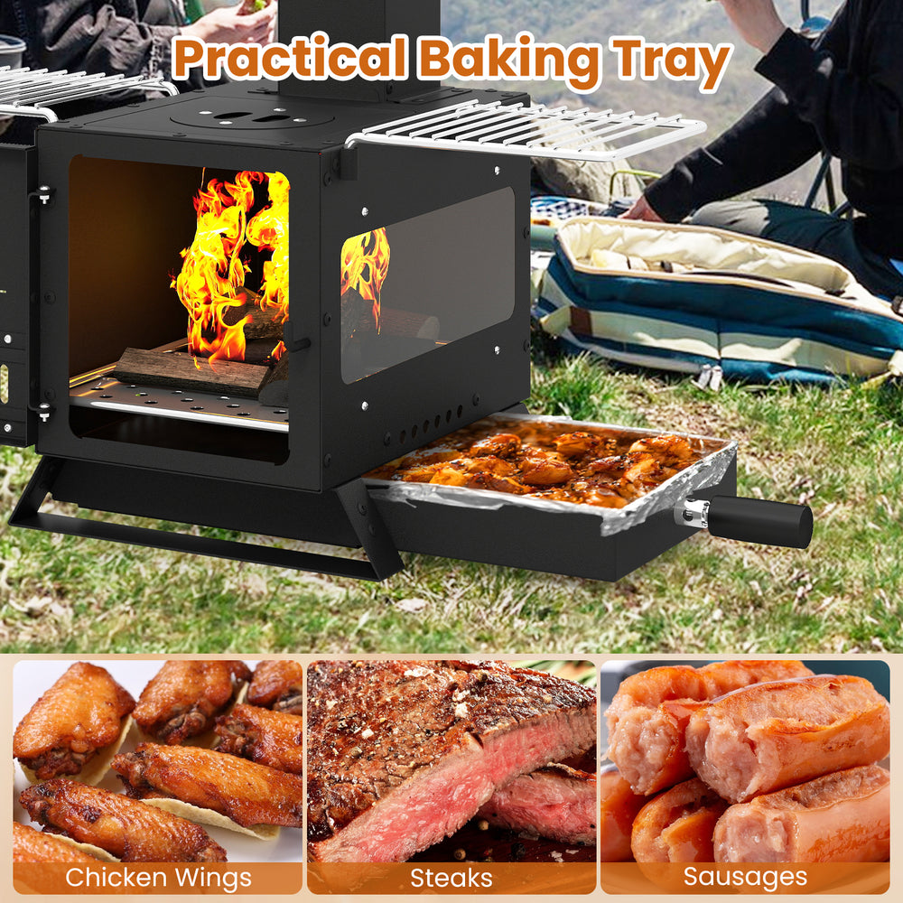 Portable wood burning stove with oven pan and side grills, ideal for cooking steak and kebabs outdoors.