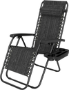 Portable zero gravity chair in gray with adjustable backrest and cup holder tray for outdoor relaxation.