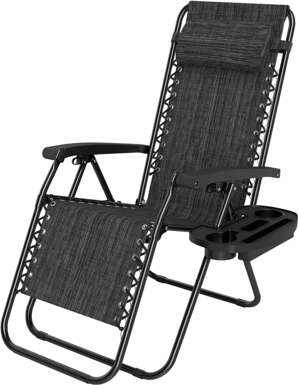 Portable zero gravity chair in gray with adjustable backrest and cup holder tray for outdoor relaxation.