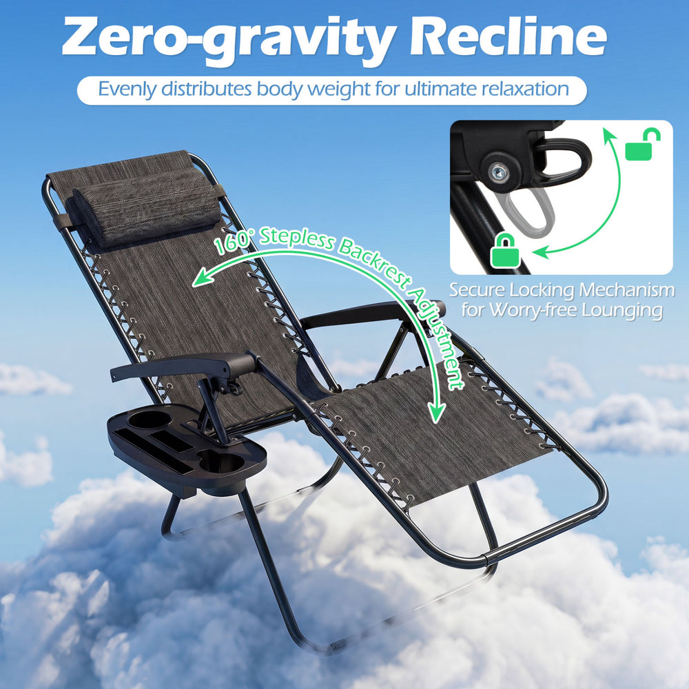 Portable zero gravity chair in gray with adjustable backrest, cup holder tray, and breathable fabric for outdoor.