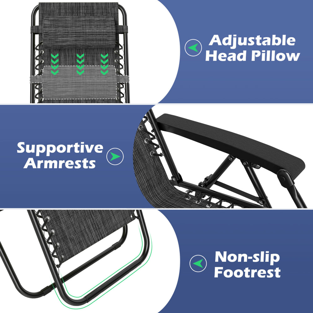Adjustable head pillow and supportive armrests of the gray portable zero gravity chair for outdoor relaxation.