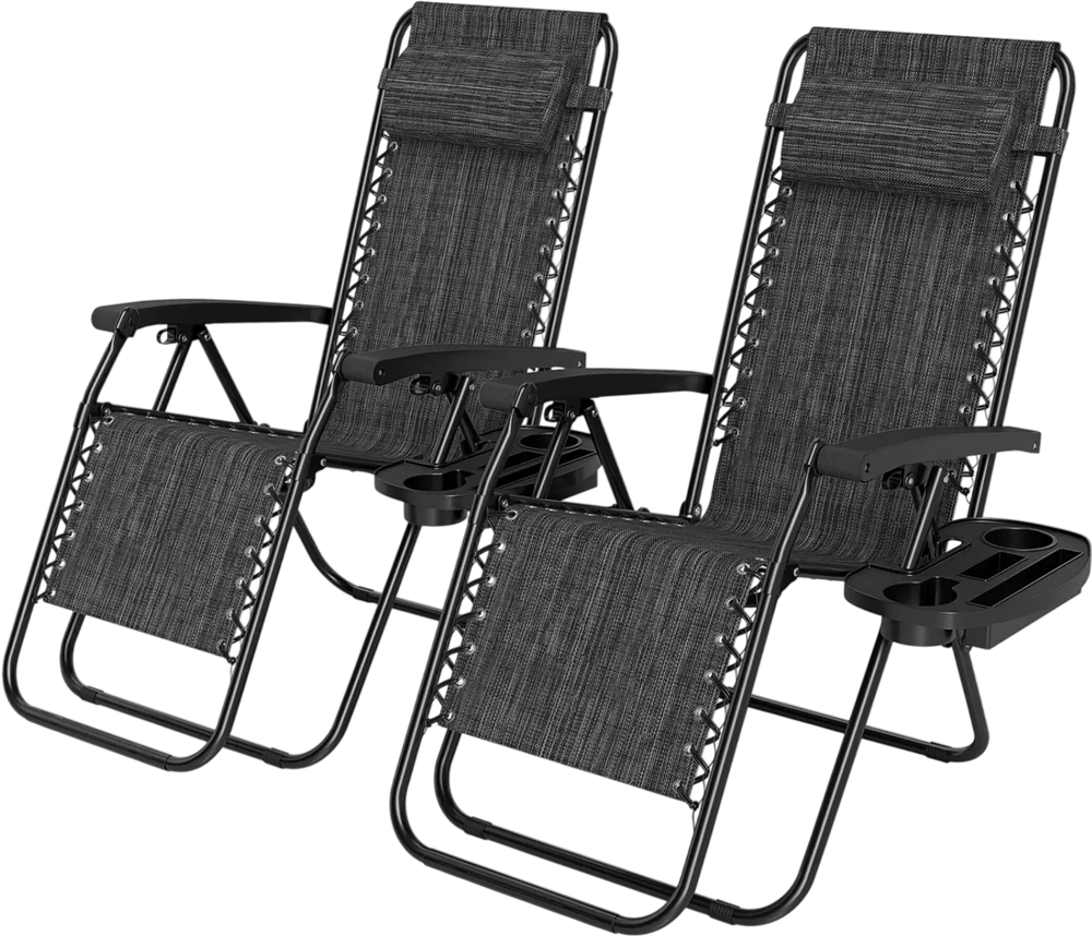 Set of 2 gray portable zero gravity chairs with cup holder trays, adjustable pillows, and folding frames for easy.