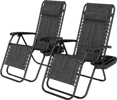 Costway Portable Zero Gravity Beach Chairs w/ Cup Holder Trays Set of 2 89090110 New