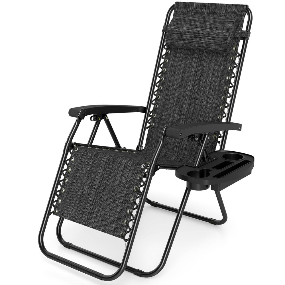 Portable zero gravity chair in gray with adjustable backrest and cup holder tray for outdoor relaxation.