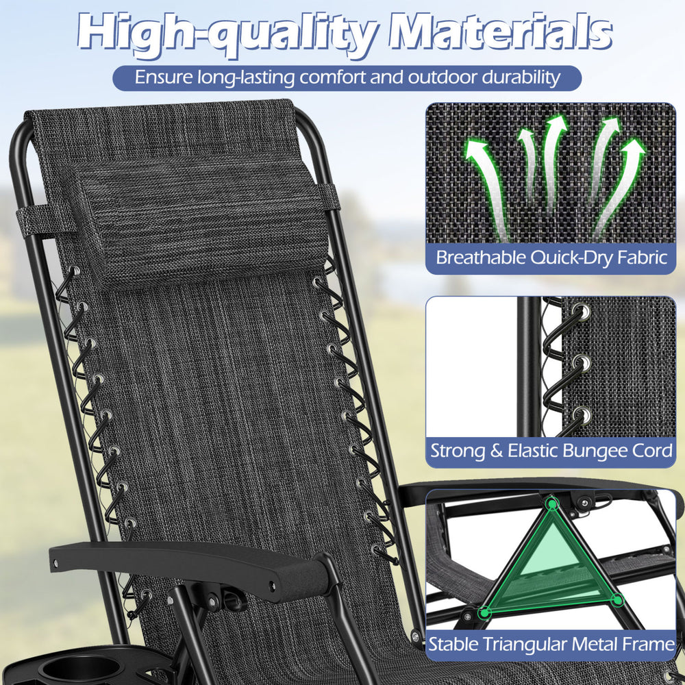 Portable zero gravity chair set in gray featuring breathable quick-dry fabric and adjustable pillow for outdoor.