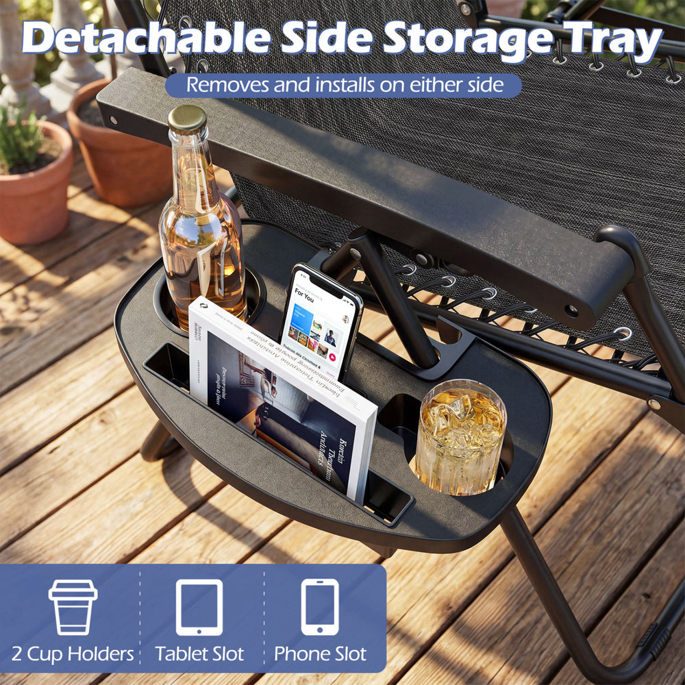 Detachable side storage tray with cup holders and slots for phone and tablet, designed for Portable Zero Gravity Chairs.