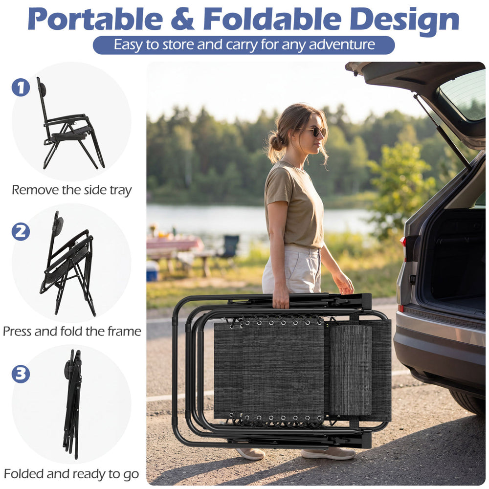 Portable zero gravity chair set of 2 in gray, featuring a foldable design and side tray for easy transport and storage.