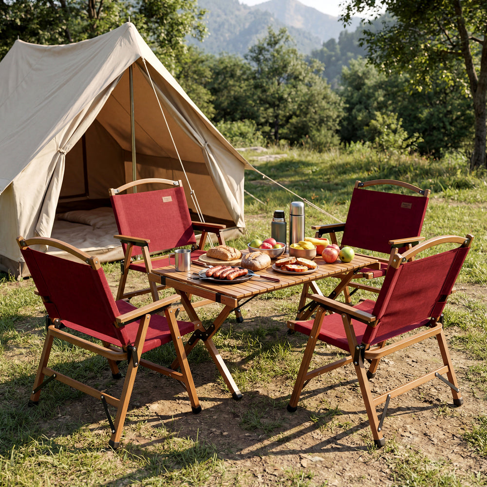 Red portable folding camping chairs with bamboo frames set around a table for outdoor picnics and leisure activities.