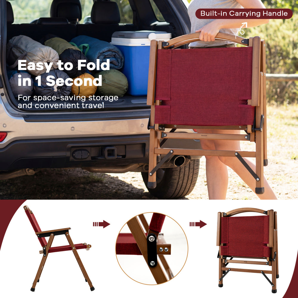 Portable folding camping chair in red with bamboo frame, easy to carry, ideal for outdoor leisure and travel.