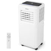 Portable 8000 BTU air conditioner in white with remote control, LED display, and 4 wheels for easy mobility.