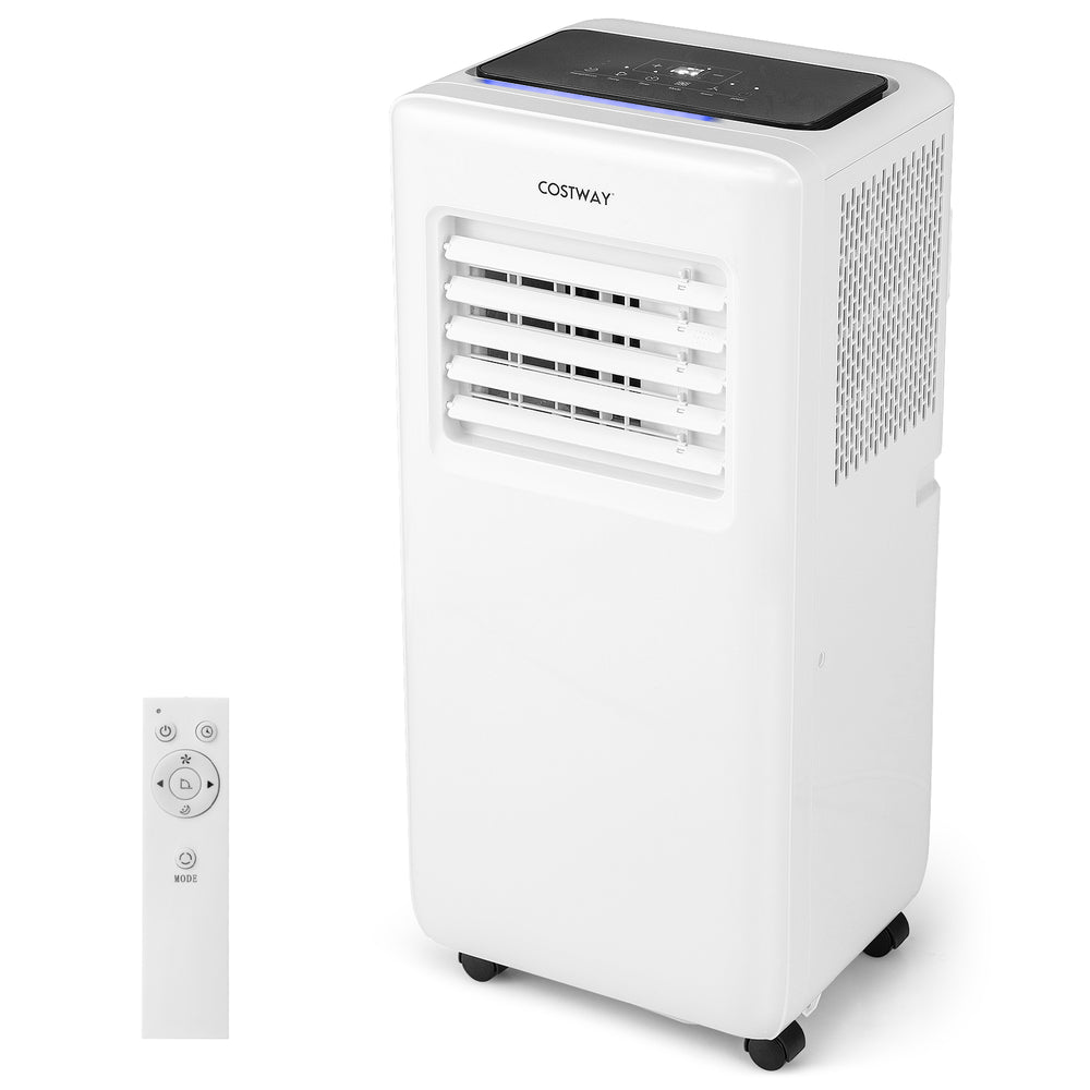 Portable 8000 BTU air conditioner in white with remote control, LED display, and 4 wheels for easy mobility.