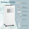 8000 BTU portable air conditioner in white with remote control, LED display, and 4 wheels for easy mobility.
