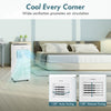 Portable 8000 BTU air conditioner in white with remote control, showcasing wide oscillation for effective air.