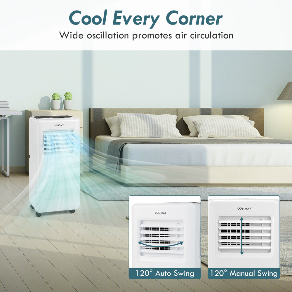 Portable 8000 BTU air conditioner in white with remote control, showcasing wide oscillation for effective air.