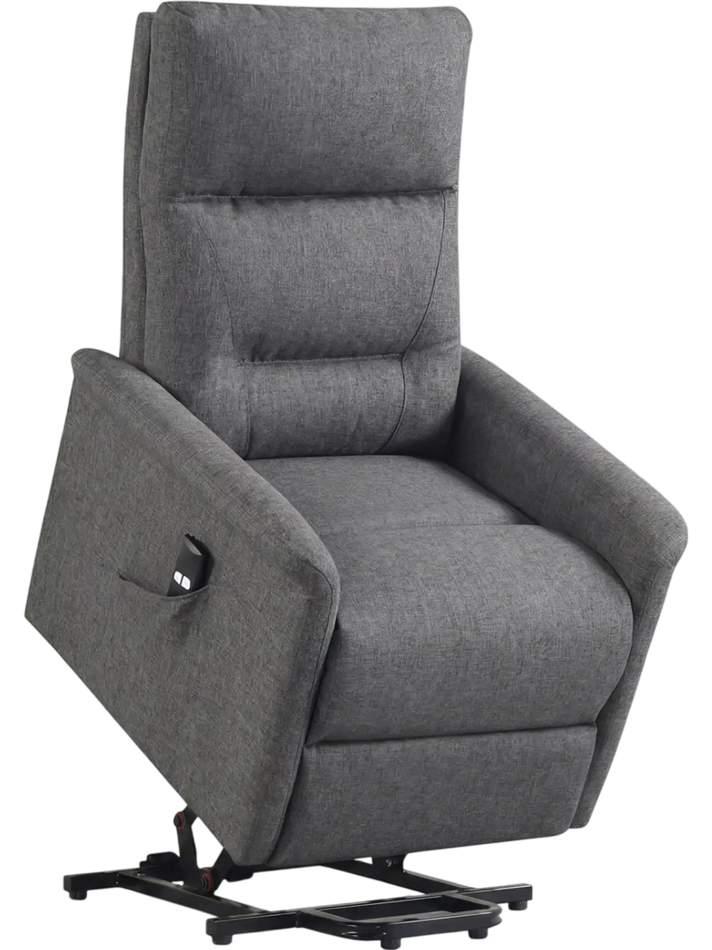 Power lift recliner chair in gray with remote control, side storage pocket, and electric lift for elderly comfort.