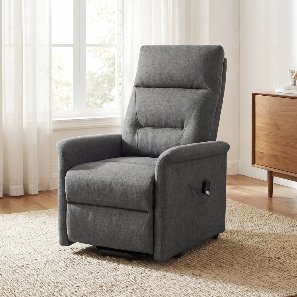 Gray power lift recliner chair with remote control, side storage pocket, and padded seat for elderly comfort and.