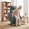 Power lift recliner chair in gray, featuring remote control, side storage pocket, and electric lift for elderly comfort.