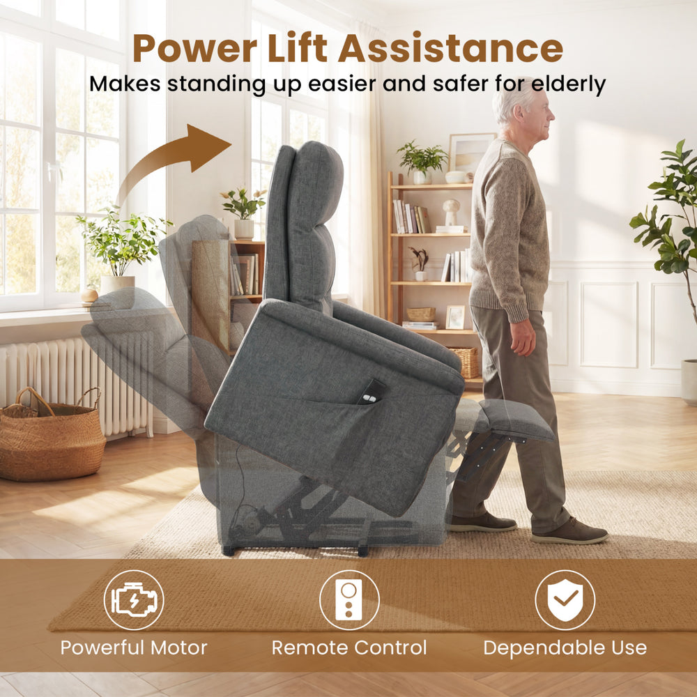 Power lift recliner chair in gray with remote control, designed for elderly comfort and ease of standing up safely.